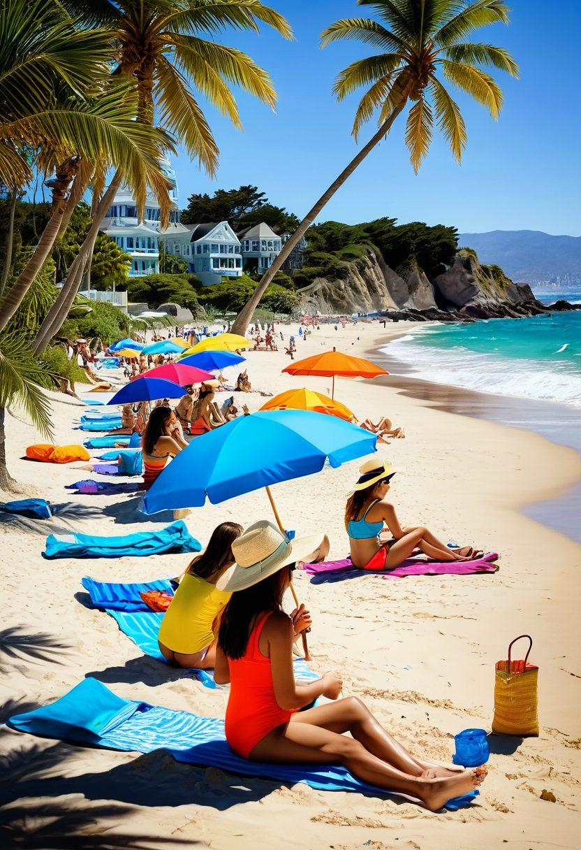 A sunny beach scene featuring diverse individuals showcasing vibrant summer beachwear, such as colorful swimsuits, stylish hats, and chic sunglasses. Include beach accessories like tote bags, flip-flops, and beach umbrellas against a backdrop of azure skies and gentle waves. Capture a sense of joy and relaxation with palm trees swaying in the breeze and children building sandcastles. ultra-realistic. vibrant colors. summer vibes.