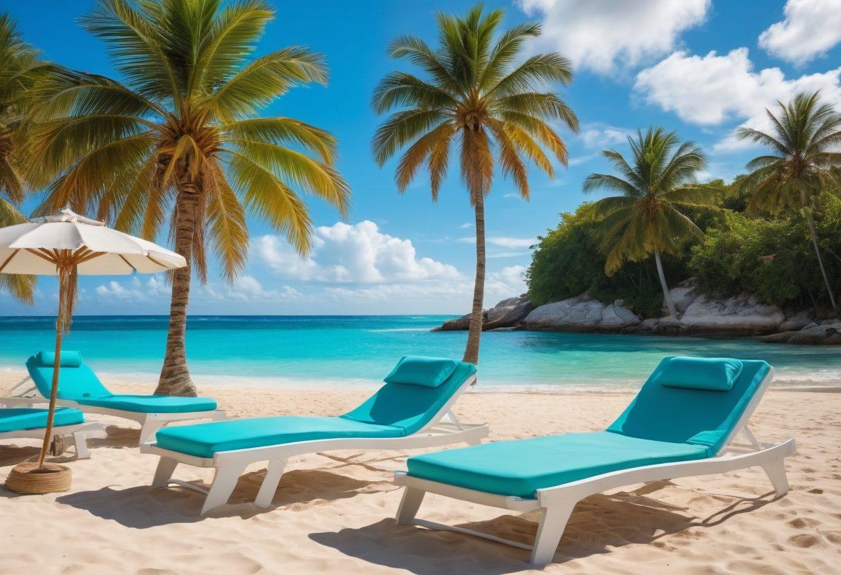 A stylish beach scene featuring a variety of vibrant bikinis and elegant beach cover-ups draped over sun loungers. Include a sunny backdrop with palm trees and a crystal-clear ocean, accentuated by playful beach accessories like sunglasses and hats. The scene should radiate a sense of relaxation and summer fun. super-realistic. vibrant colors. tropical vibe.
