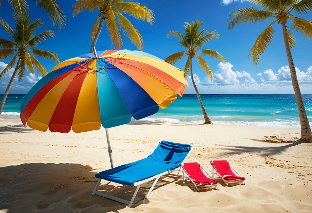 An inviting beach scene with colorful, fashionable swimwear and beachwear laid out on golden sand. Include a vibrant beach umbrella, stylish sunglasses, and tropical drinks to evoke a fun summer vibe. The ocean waves in the background gently lapping at the shore, with a bright blue sky and fluffy white clouds. Super-realistic. Vibrant colors. Summer atmosphere.